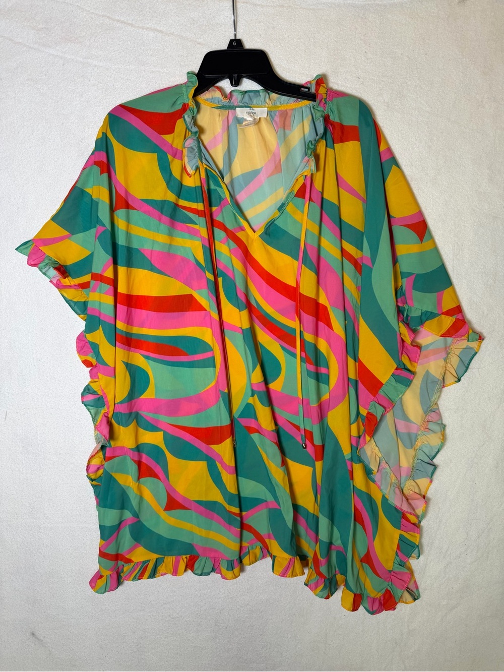 Entro Vibrant Psychedelic Swim Cover Up Ruffle Kaftan 1X/2X